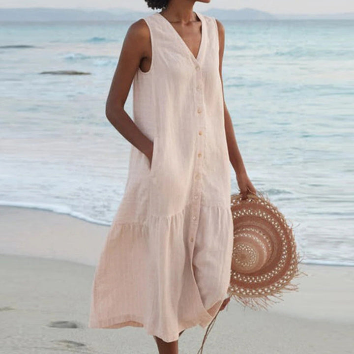 Women's Linen V-Neck Button Front Tiered Sleeveless Midi Dress