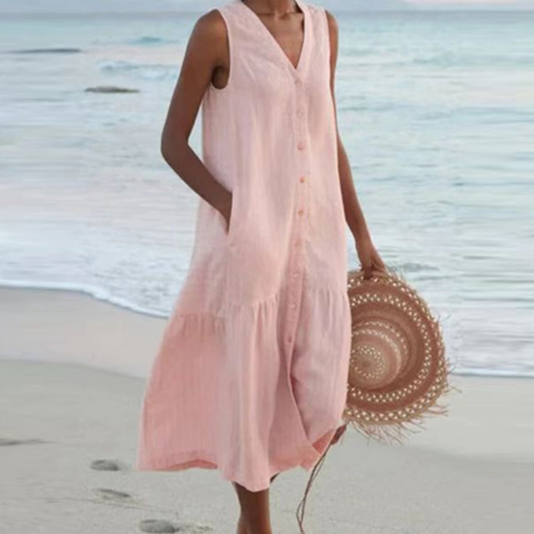 Women's Linen V-Neck Button Front Tiered Sleeveless Midi Dress