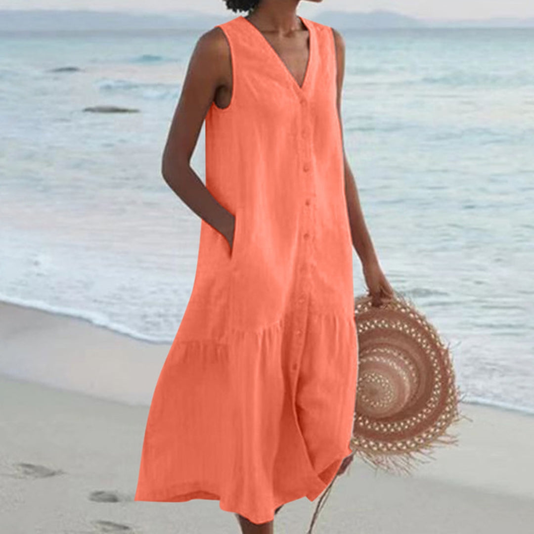 Women's Linen V-Neck Button Front Tiered Sleeveless Midi Dress