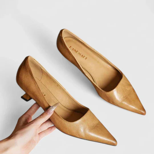 Women's Genuine Leather Kitten Heel Pointed Toe Pumps