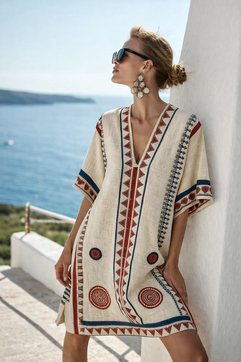 Women's Aztec Embroidered V-Neck Short Sleeve Beach Kaftan Mini Dress