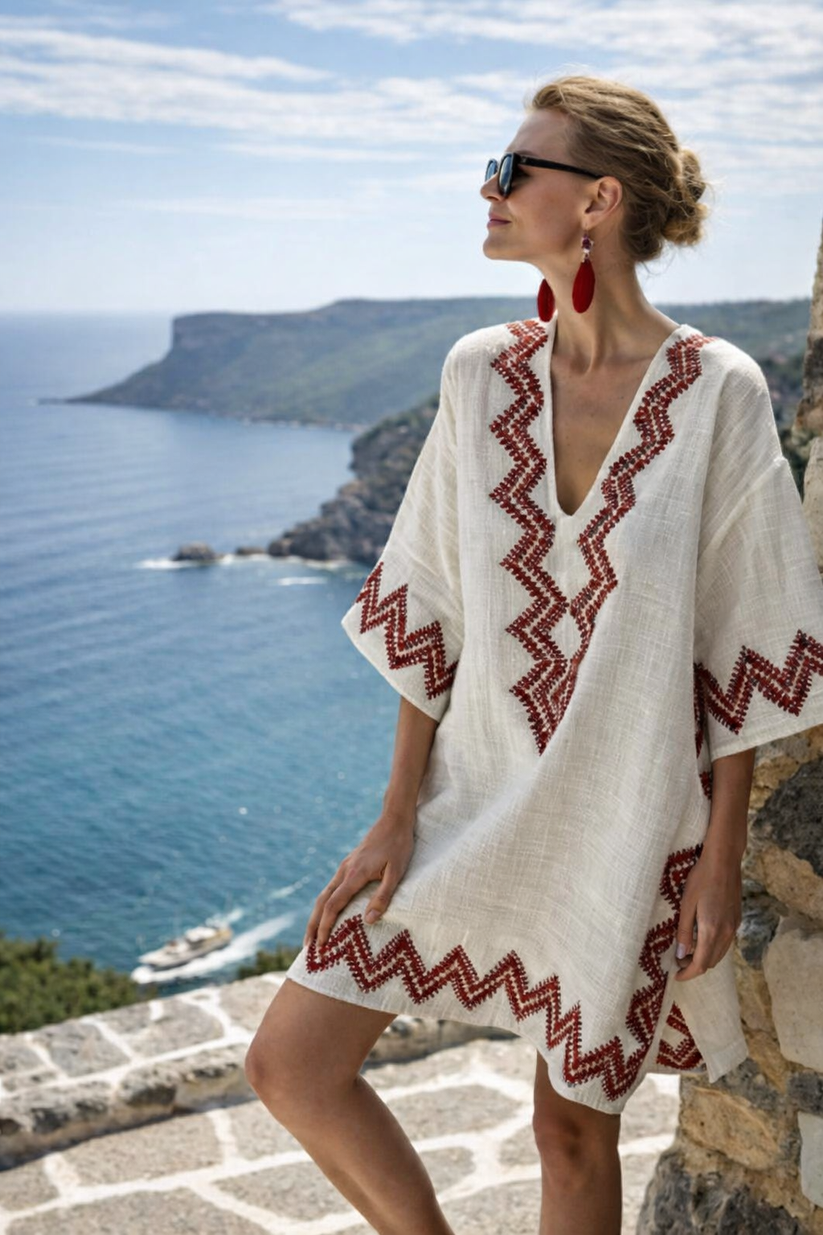 Women's Aztec Embroidered V-Neck Short Sleeve Beach Kaftan Mini Dress