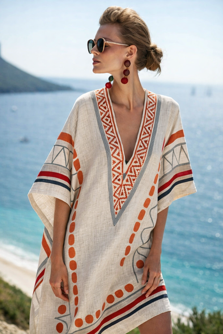 Women's Aztec Embroidered V-Neck Short Sleeve Beach Kaftan Mini Dress