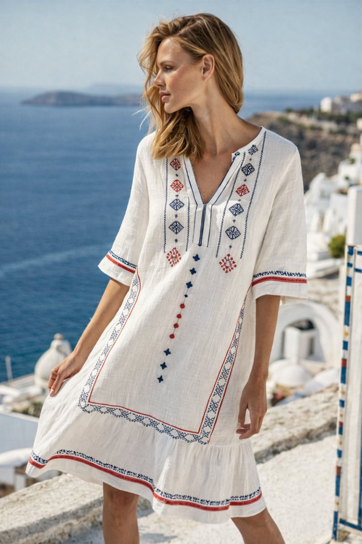 Women's Aztec Embroidered V-Neck Short Sleeve Beach Kaftan Mini Dress