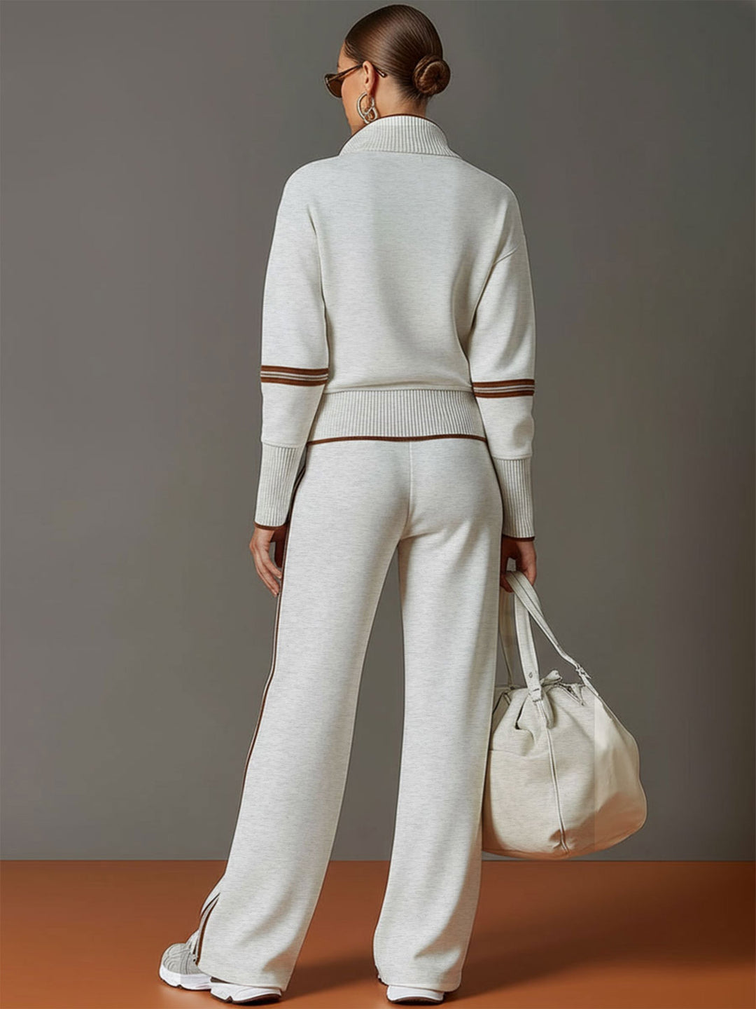 Women's Contrast Trim Half-Zip Jumper and Wide-Leg Trousers Set