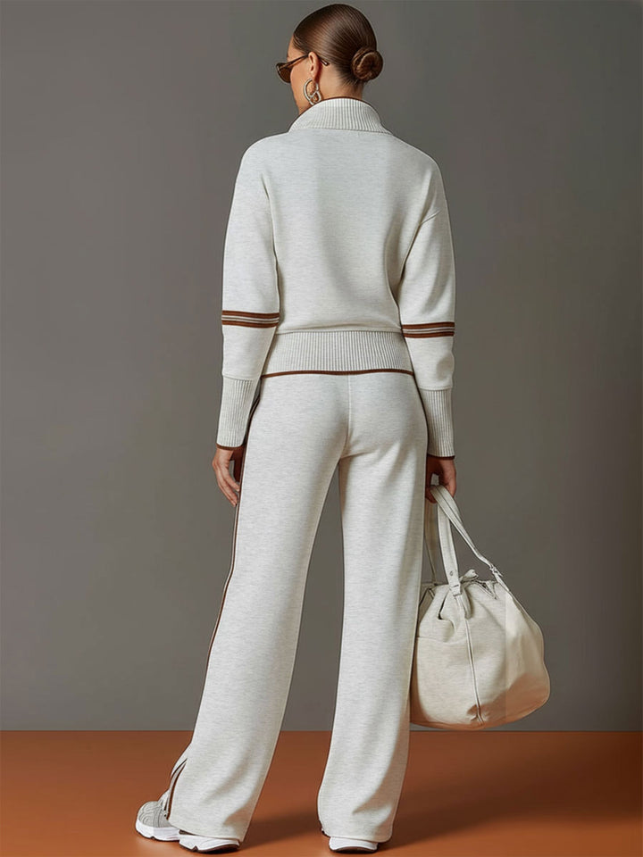 Women's Contrast Trim Half-Zip Jumper and Wide-Leg Trousers Set