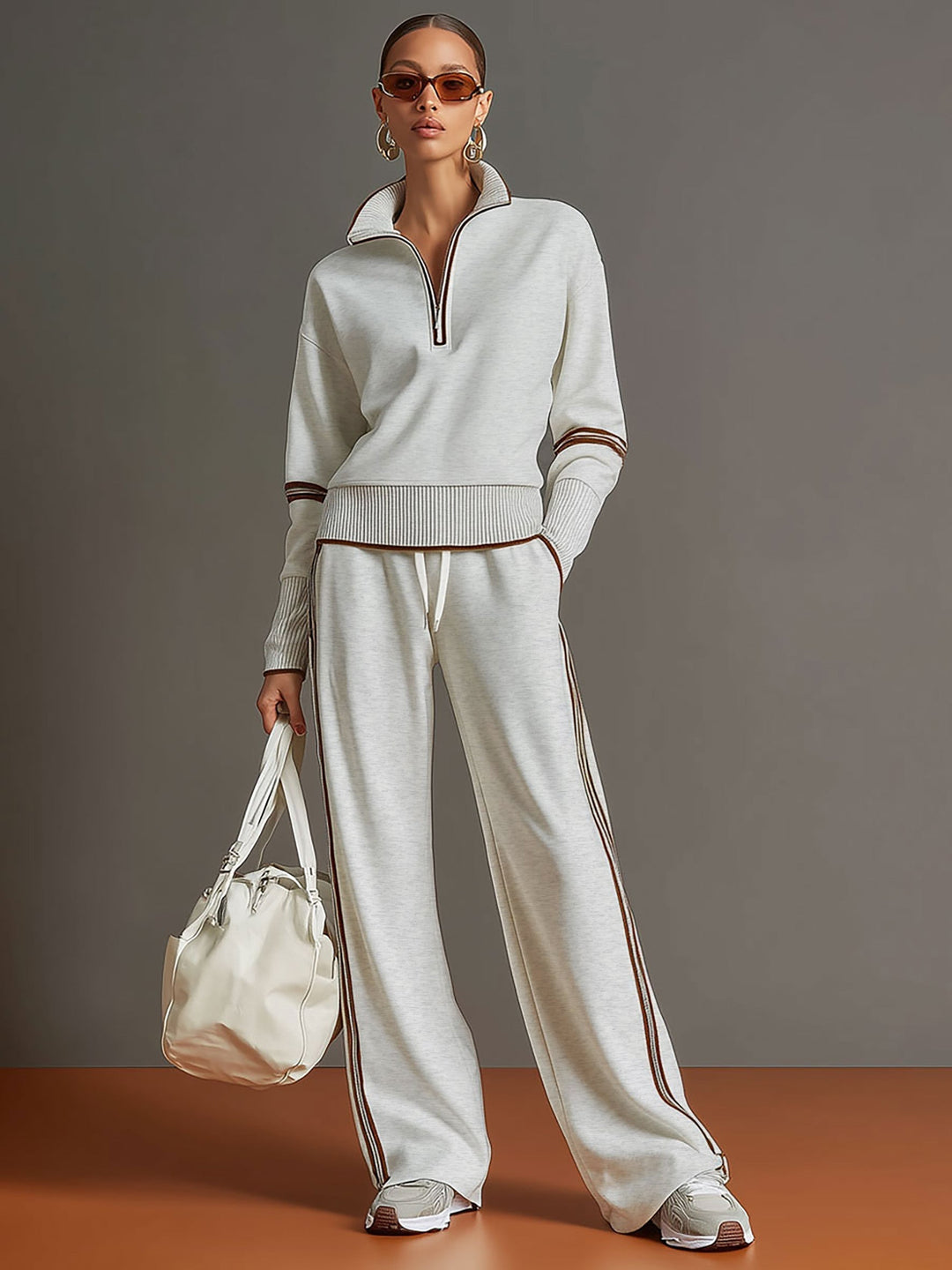 Women's Contrast Trim Half-Zip Jumper and Wide-Leg Trousers Set