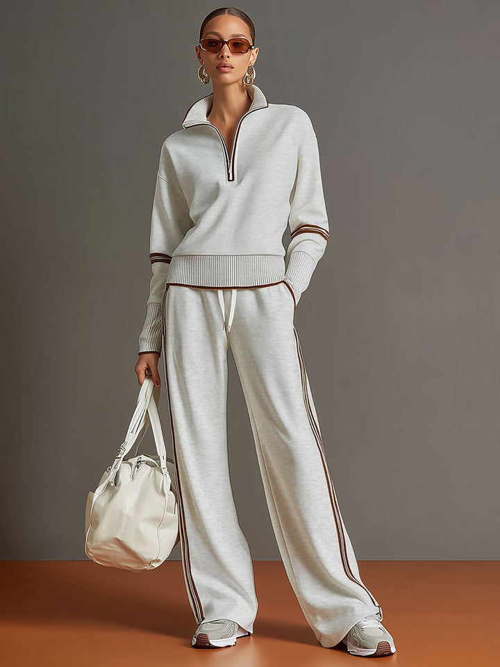 Women's Contrast Trim Half-Zip Jumper and Wide-Leg Trousers Set