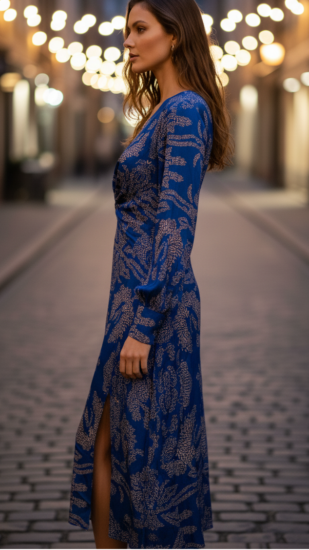 Women's Elegant Long Sleeve Twist Front Printed Midi Dress