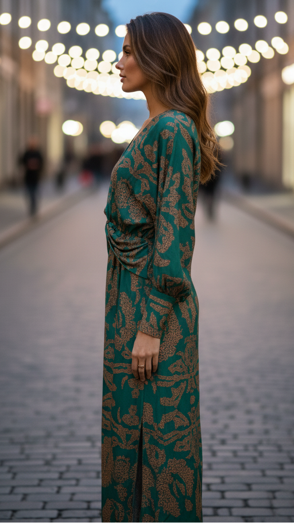Women's Elegant Long Sleeve Twist Front Printed Midi Dress