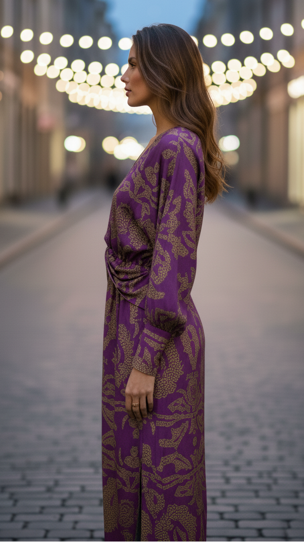 Women's Elegant Long Sleeve Twist Front Printed Midi Dress