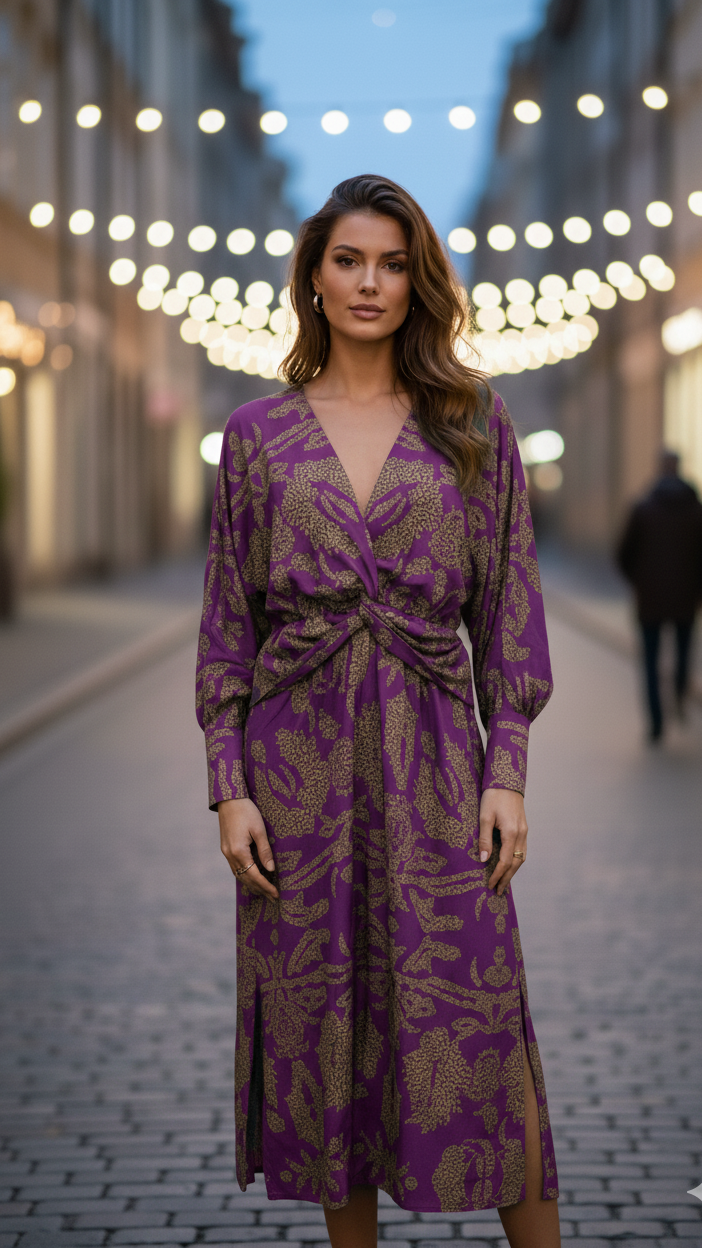 Women's Elegant Long Sleeve Twist Front Printed Midi Dress
