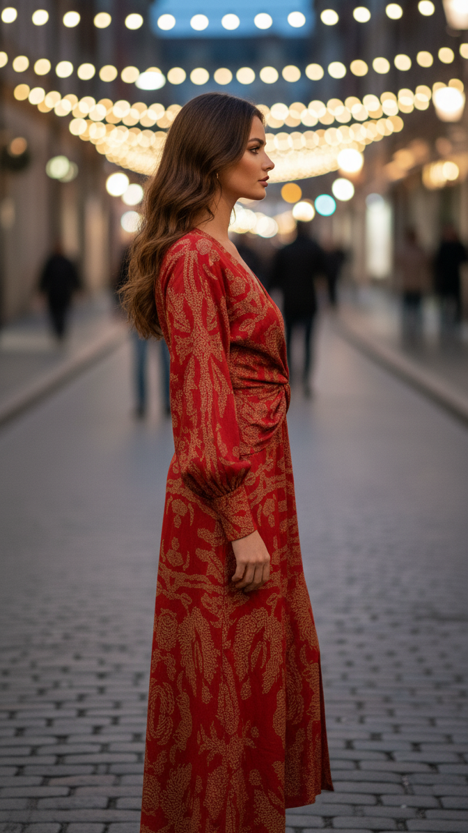 Women's Elegant Long Sleeve Twist Front Printed Midi Dress