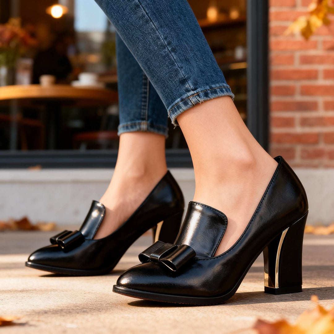 Women's Bow Detail Pointed Toe Block Heel Loafer Pumps