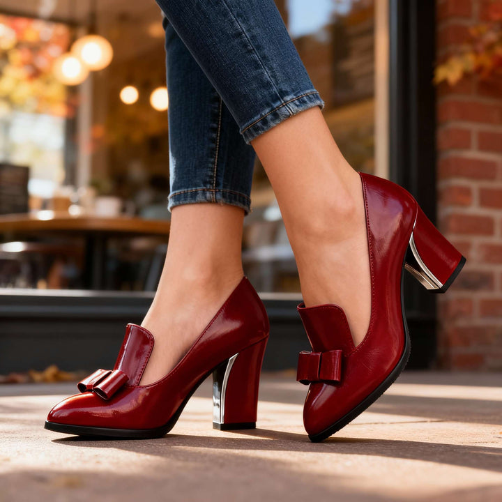 Women's Bow Detail Pointed Toe Block Heel Loafer Pumps