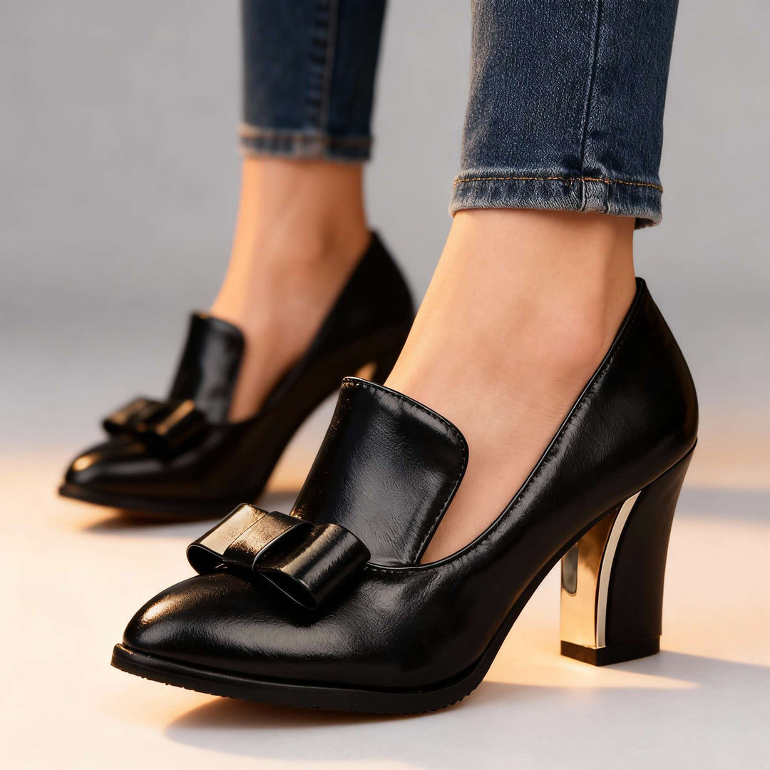 Women's Bow Detail Pointed Toe Block Heel Loafer Pumps