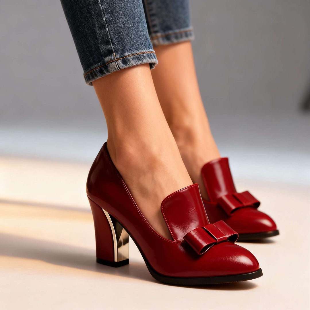 Women's Bow Detail Pointed Toe Block Heel Loafer Pumps