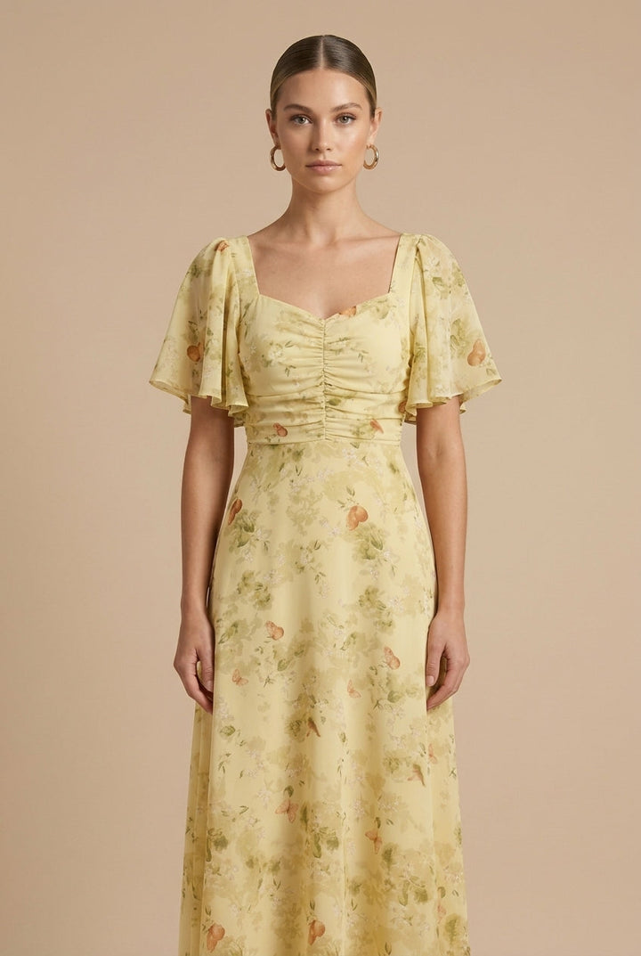 Women's Printed Floral Maxi Dress with Square Neck and Flutter Sleeves