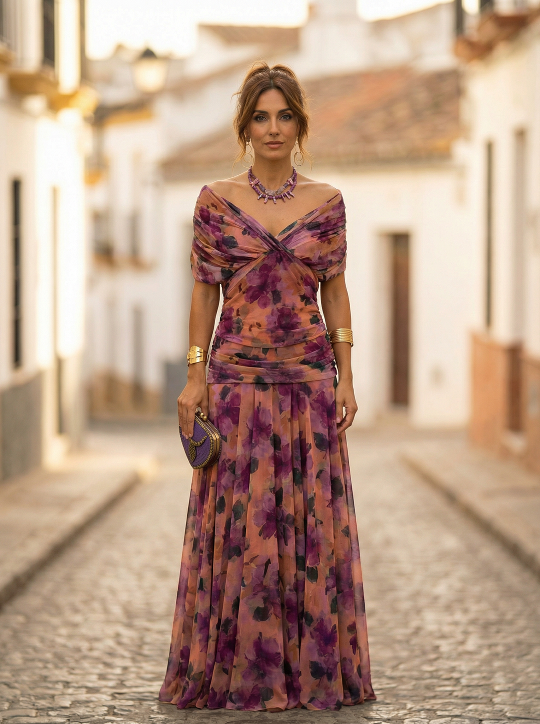 Women's Off Shoulder Chiffon Maxi Dress Ruched Wedding Guest