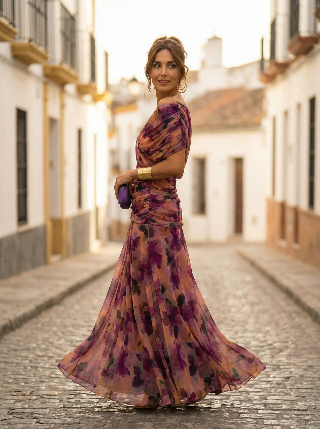 Women's Off Shoulder Chiffon Maxi Dress Ruched Wedding Guest