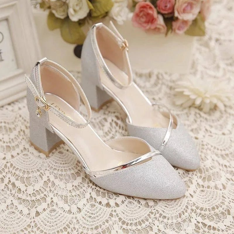 Women's Glitter Pointed Toe Ankle Strap Block Heel Court Shoes