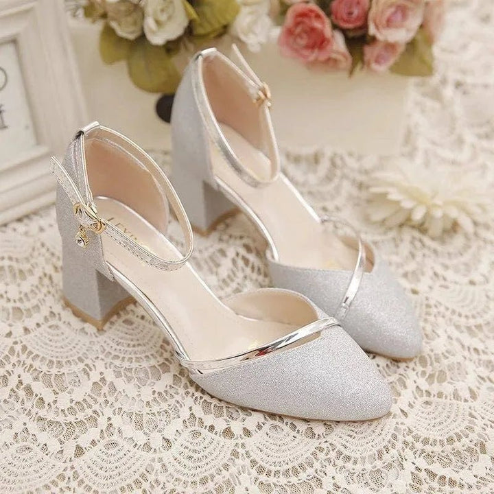 Women's Glitter Pointed Toe Ankle Strap Block Heel Court Shoes