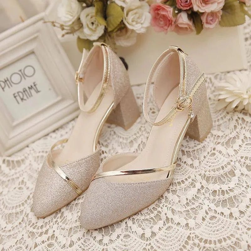 Women's Glitter Pointed Toe Ankle Strap Block Heel Court Shoes
