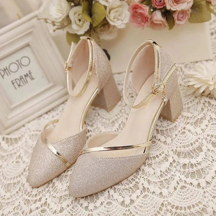 Women's Glitter Pointed Toe Ankle Strap Block Heel Court Shoes