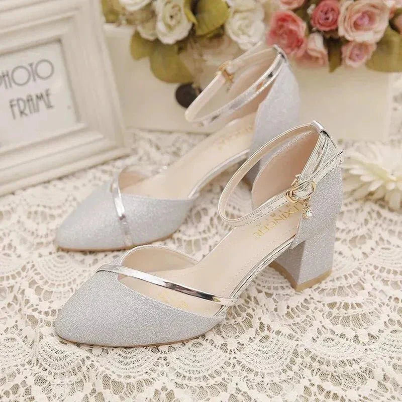 Women's Glitter Pointed Toe Ankle Strap Block Heel Court Shoes