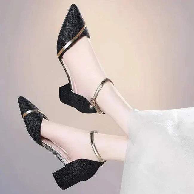 Women's Glitter Pointed Toe Ankle Strap Block Heel Court Shoes