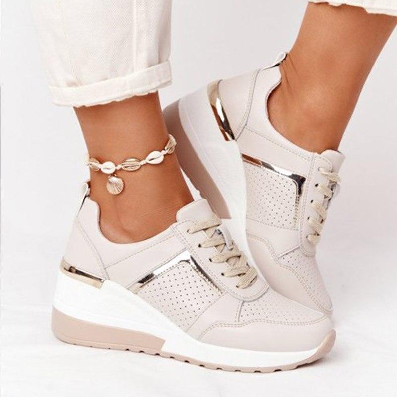 Women's Orthopedic Wedge Trainer Shoes Lace-Up Gold Detail