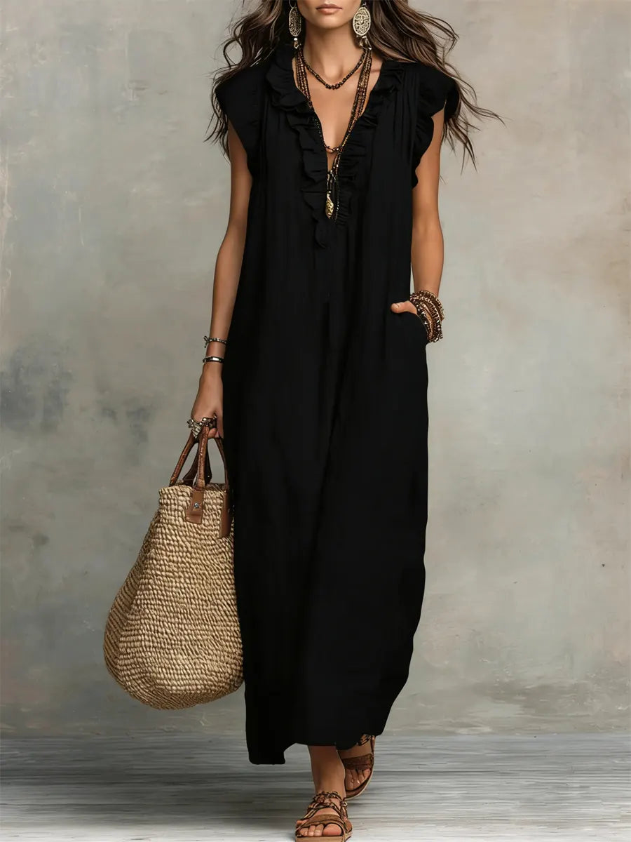 Women's Linen Ruffle Trim V-Neck Sleeveless Maxi Dress with Pockets