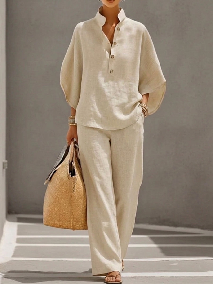 Women's Linen Two Piece Set Batwing Top Wide Leg Trousers