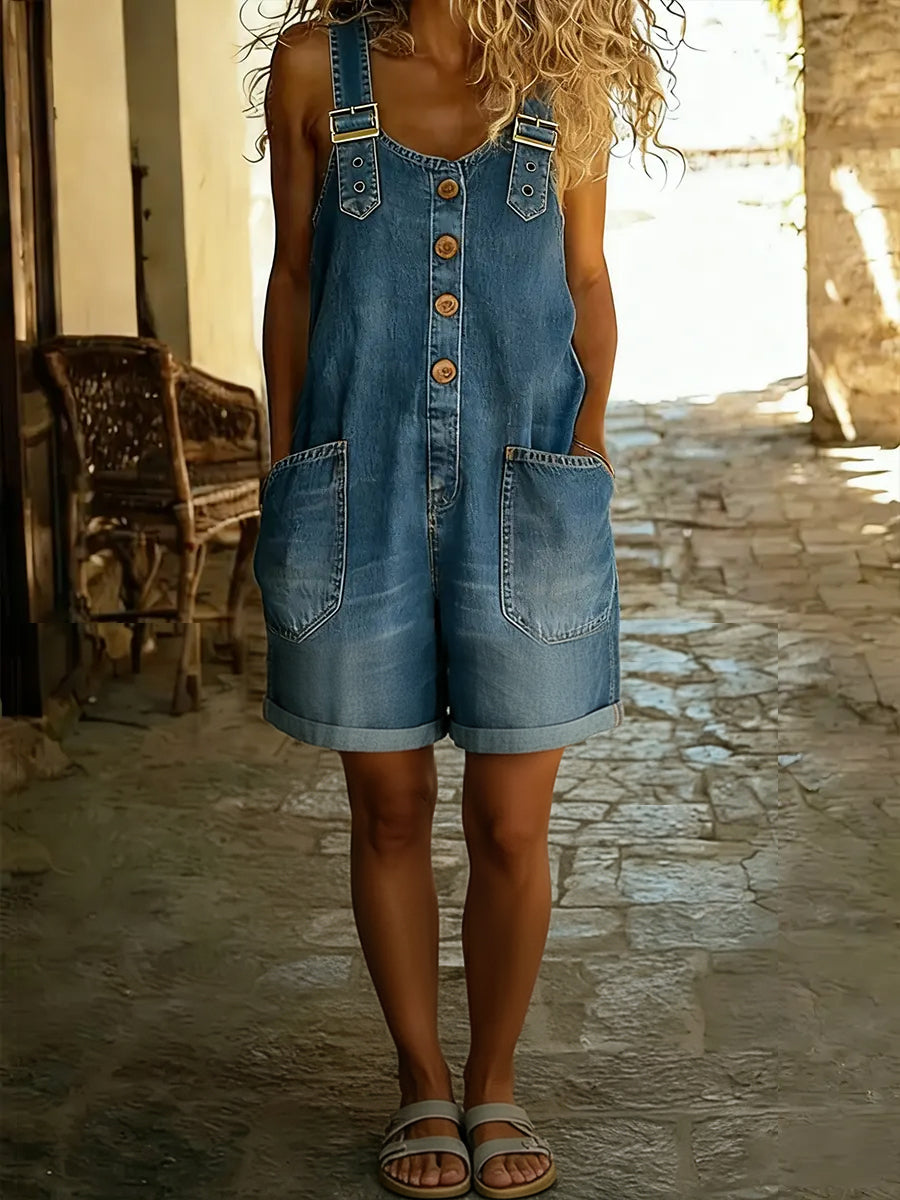 Women's Denim Short Jumpsuit Dungarees Button Front Straps