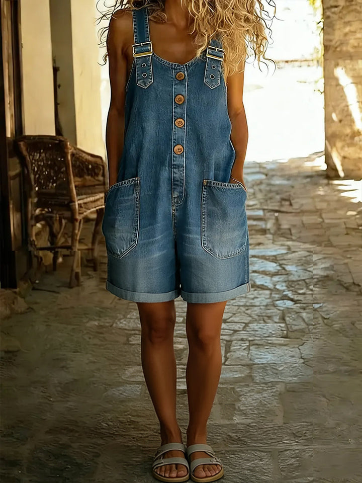 Women's Denim Short Jumpsuit Dungarees Button Front Straps
