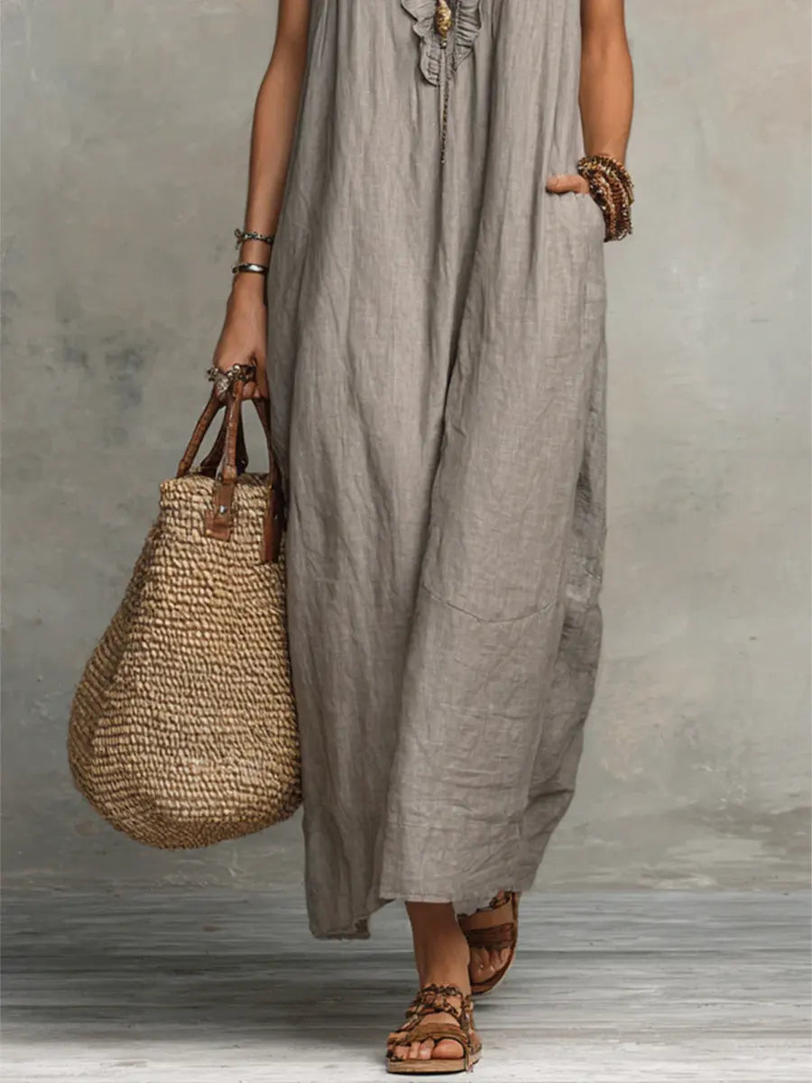 Women's Linen Ruffle Trim V-Neck Sleeveless Maxi Dress with Pockets