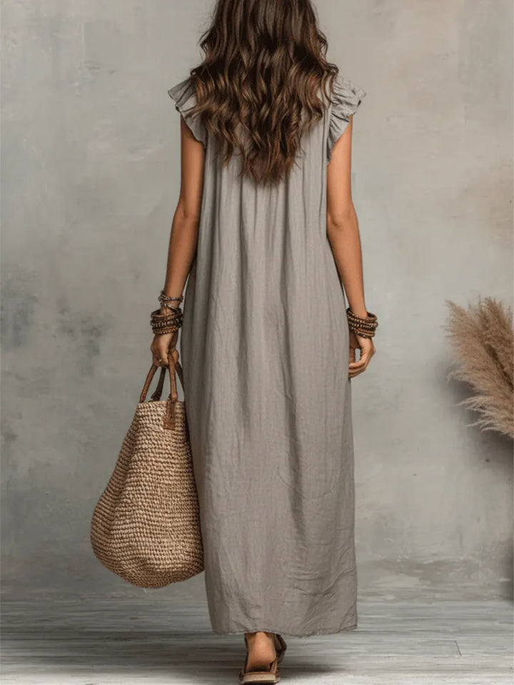 Women's Linen Ruffle Trim V-Neck Sleeveless Maxi Dress with Pockets