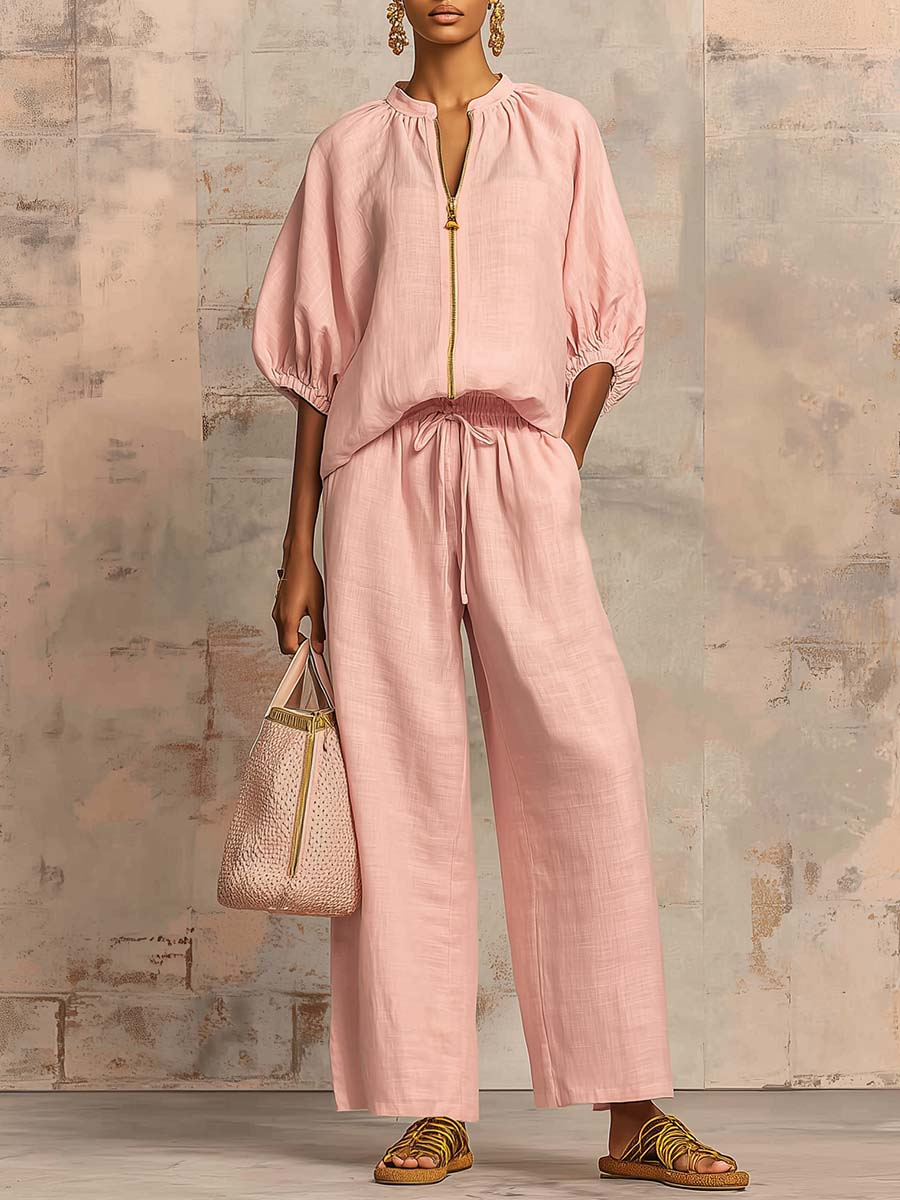 Women's Zip Front Wide-Leg Trousers Two-Piece Set