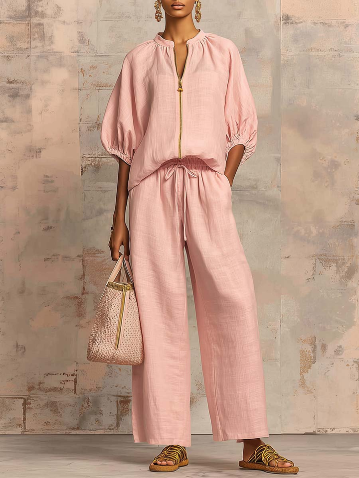 Women's Zip Front Wide-Leg Trousers Two-Piece Set