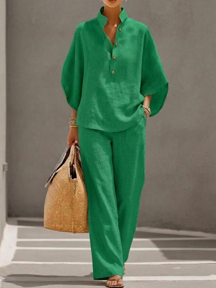 Women's Linen Two Piece Set Batwing Top Wide Leg Trousers