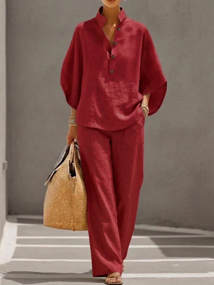 Women's Linen Two Piece Set Batwing Top Wide Leg Trousers