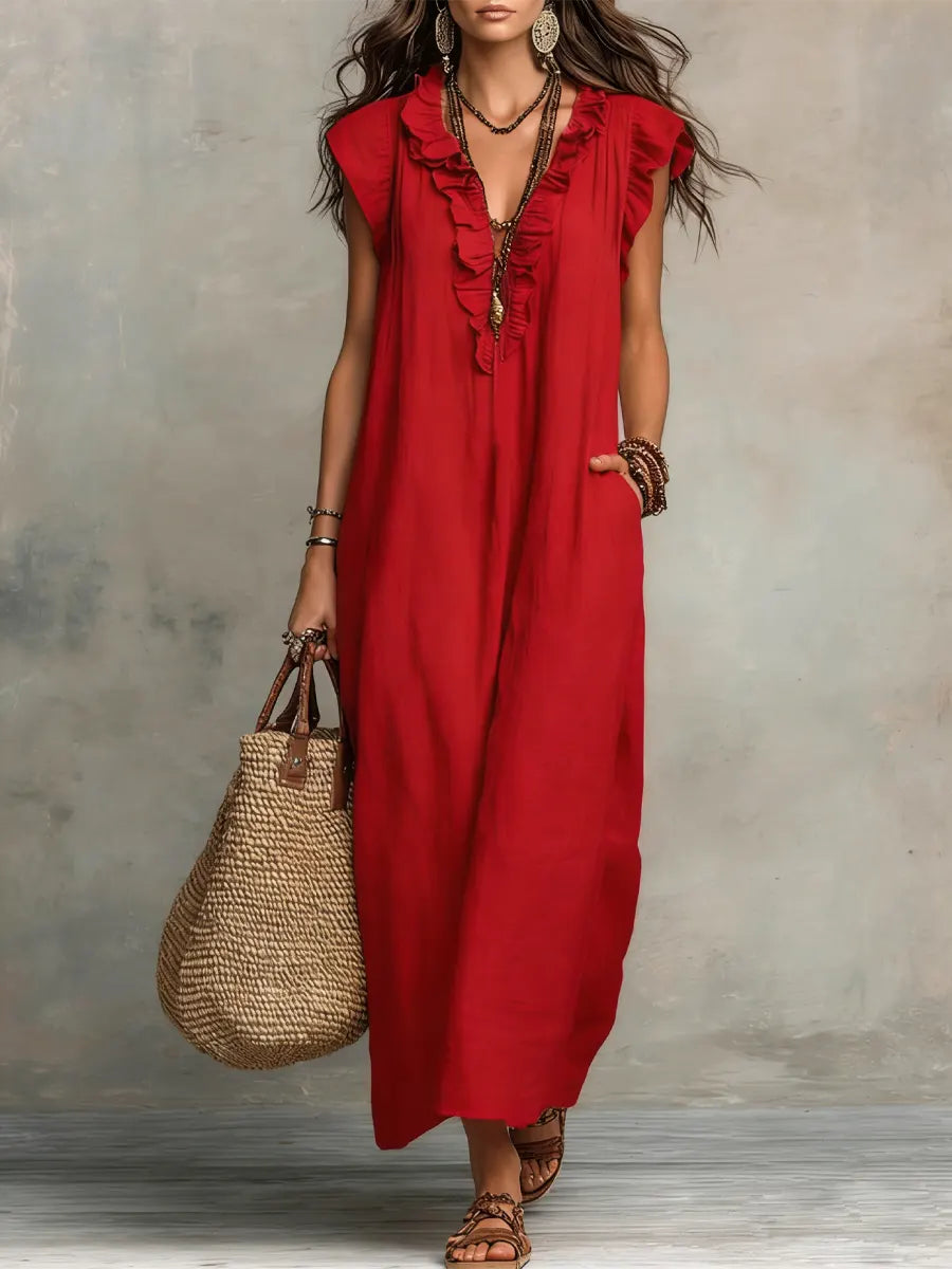 Women's Linen Ruffle Trim V-Neck Sleeveless Maxi Dress with Pockets