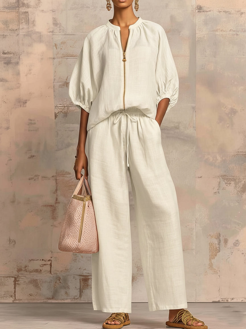 Women's Zip Front Wide-Leg Trousers Two-Piece Set