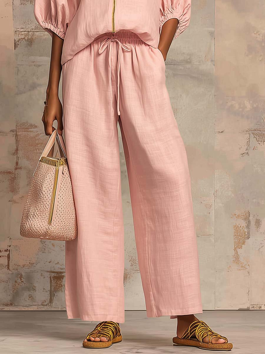 Women's Zip Front Wide-Leg Trousers Two-Piece Set