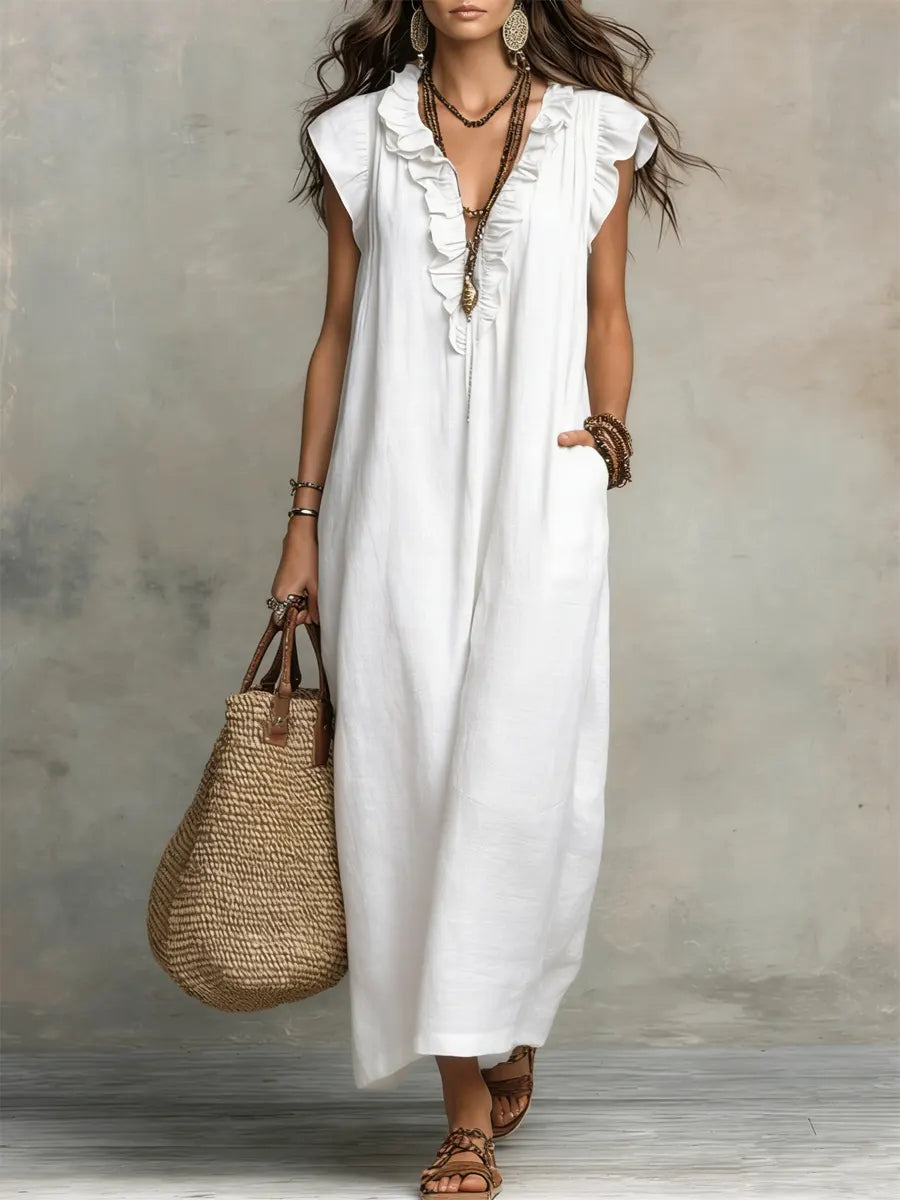Women's Linen Ruffle Trim V-Neck Sleeveless Maxi Dress with Pockets