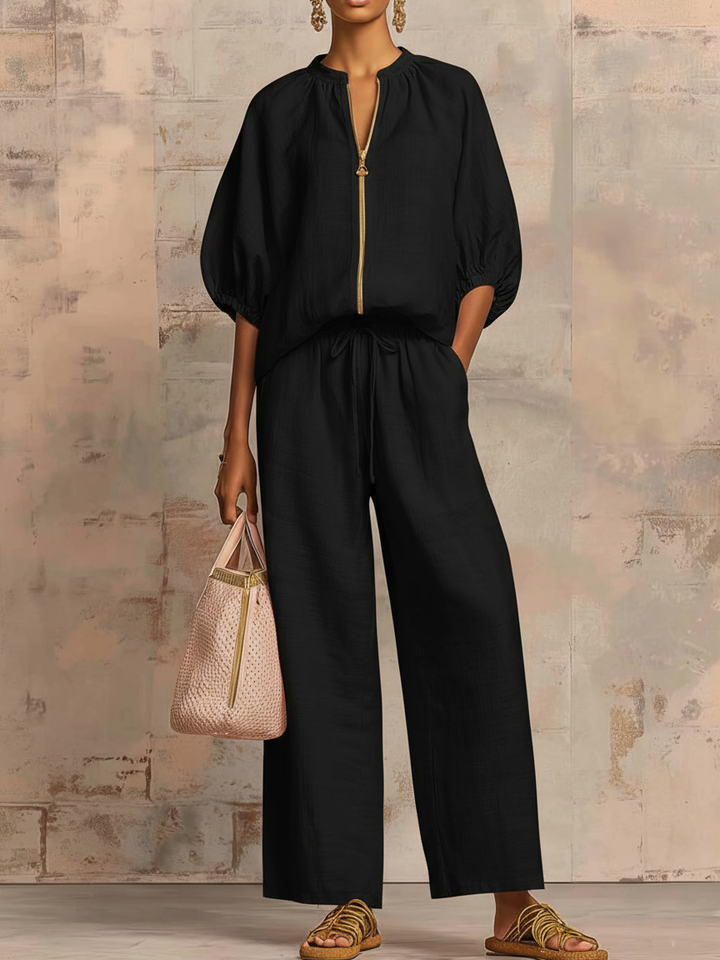 Women's Zip Front Wide-Leg Trousers Two-Piece Set