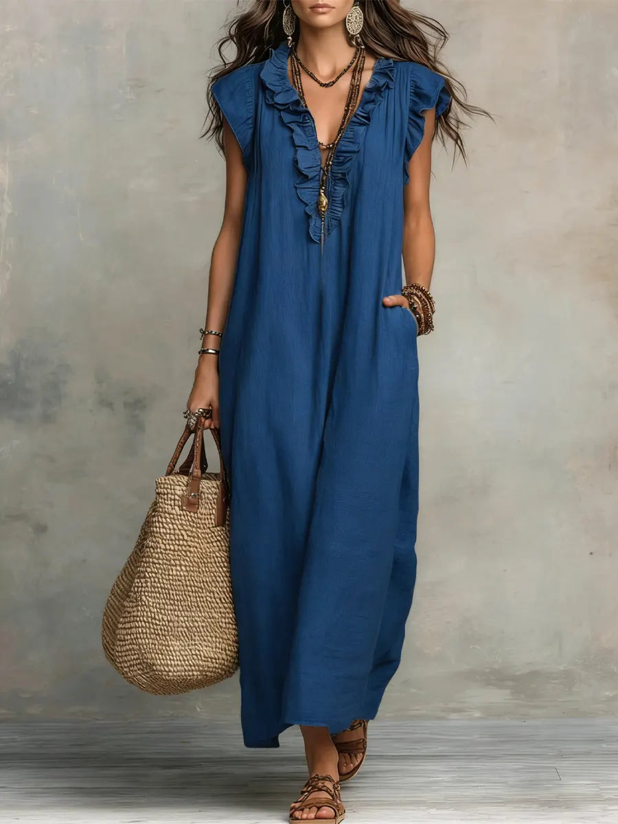 Women's Linen Ruffle Trim V-Neck Sleeveless Maxi Dress with Pockets