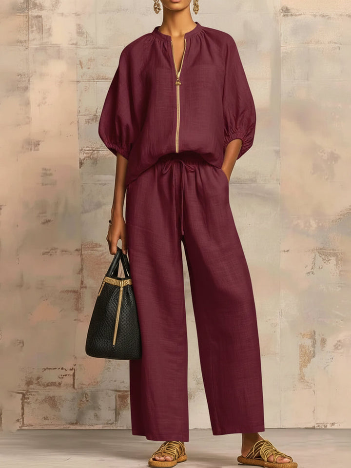 Women's Zip Front Wide-Leg Trousers Two-Piece Set