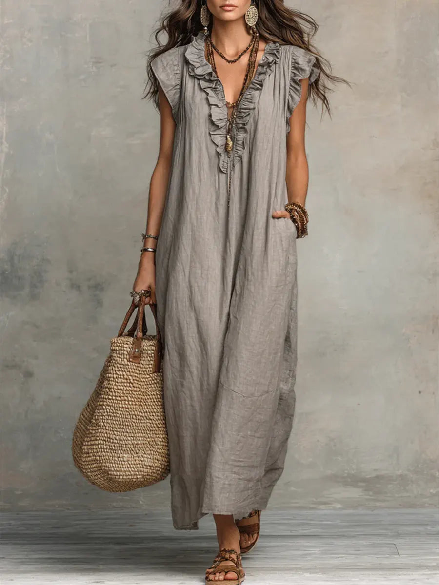 Women's Linen Ruffle Trim V-Neck Sleeveless Maxi Dress with Pockets
