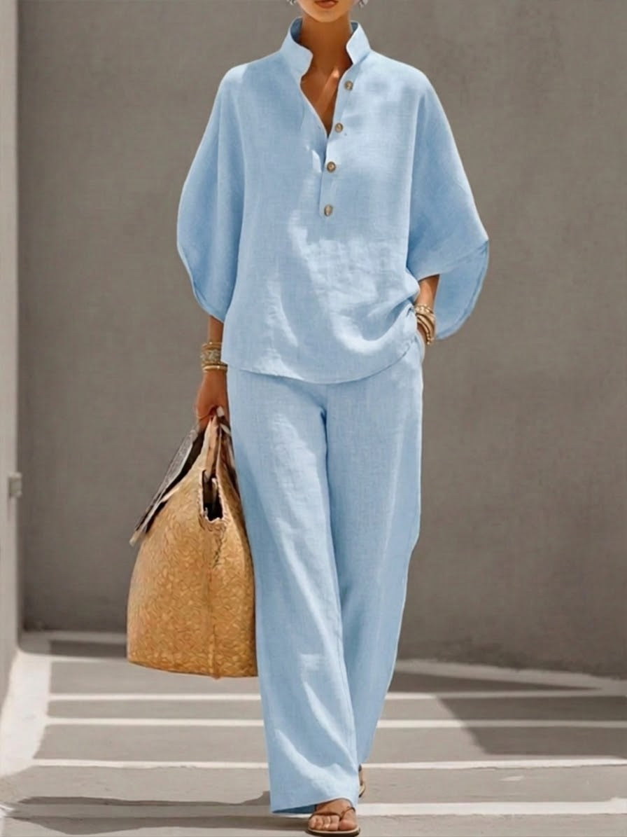 Women's Linen Two Piece Set Batwing Top Wide Leg Trousers